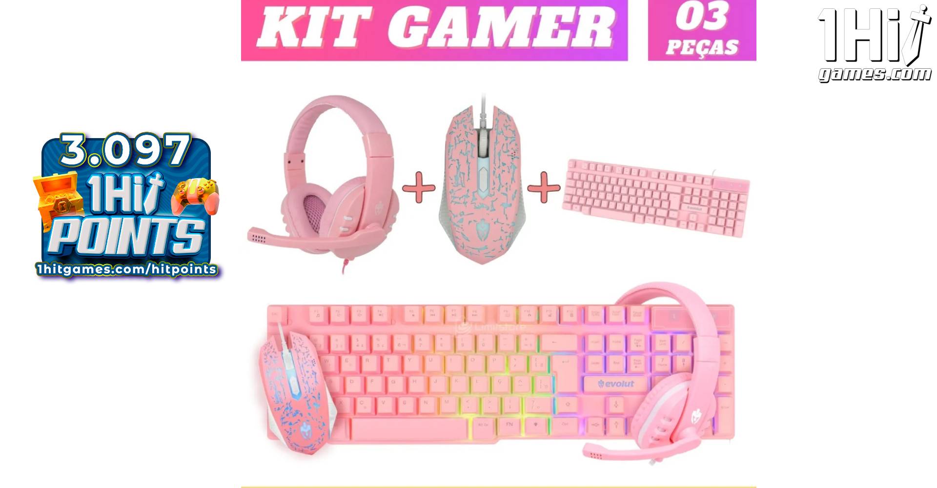 Kit Gamer Rosa teclado, mouse e headset – EVOLUT